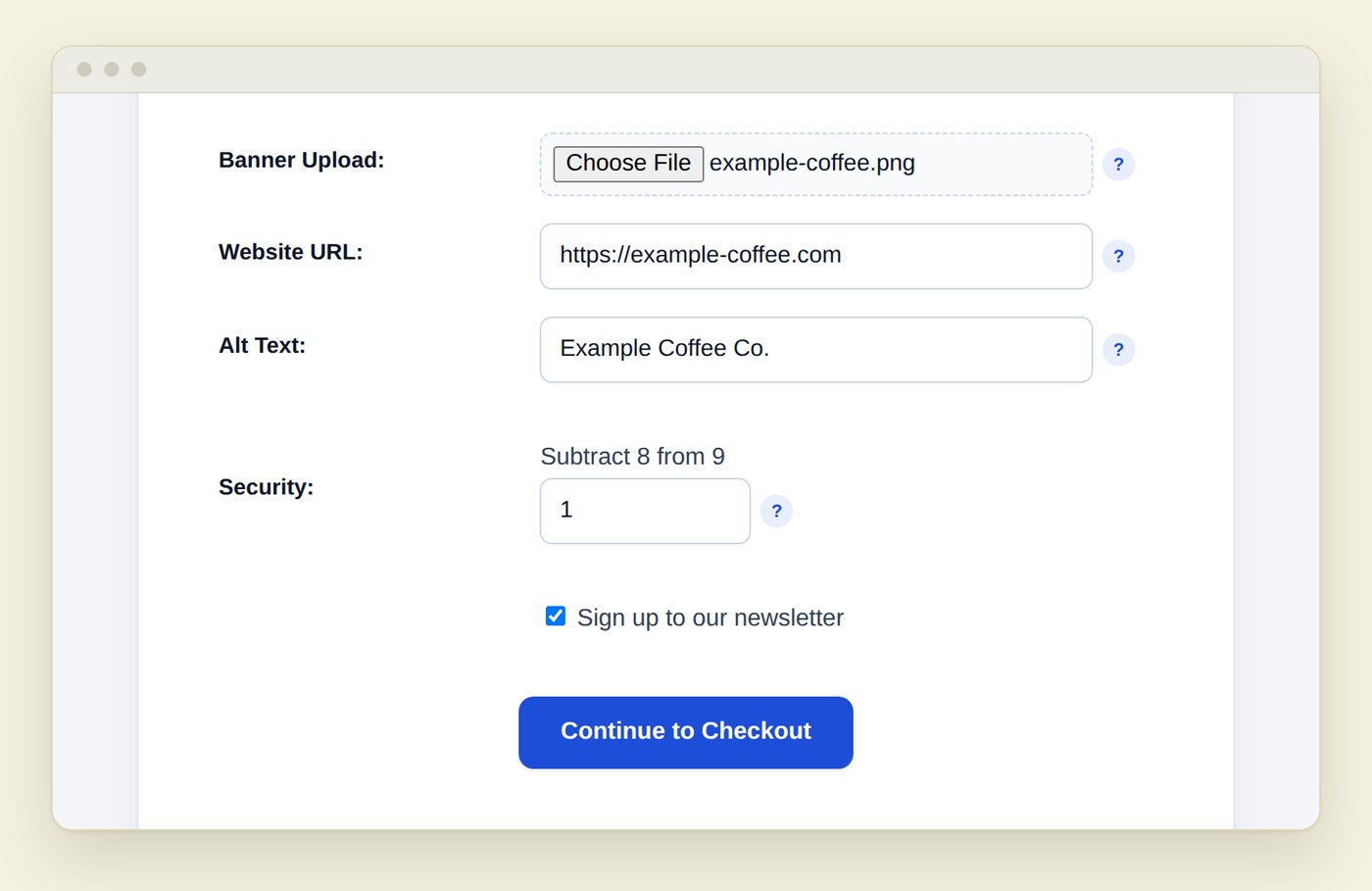 OIO purchase form with the Mailchimp newsletter signup option