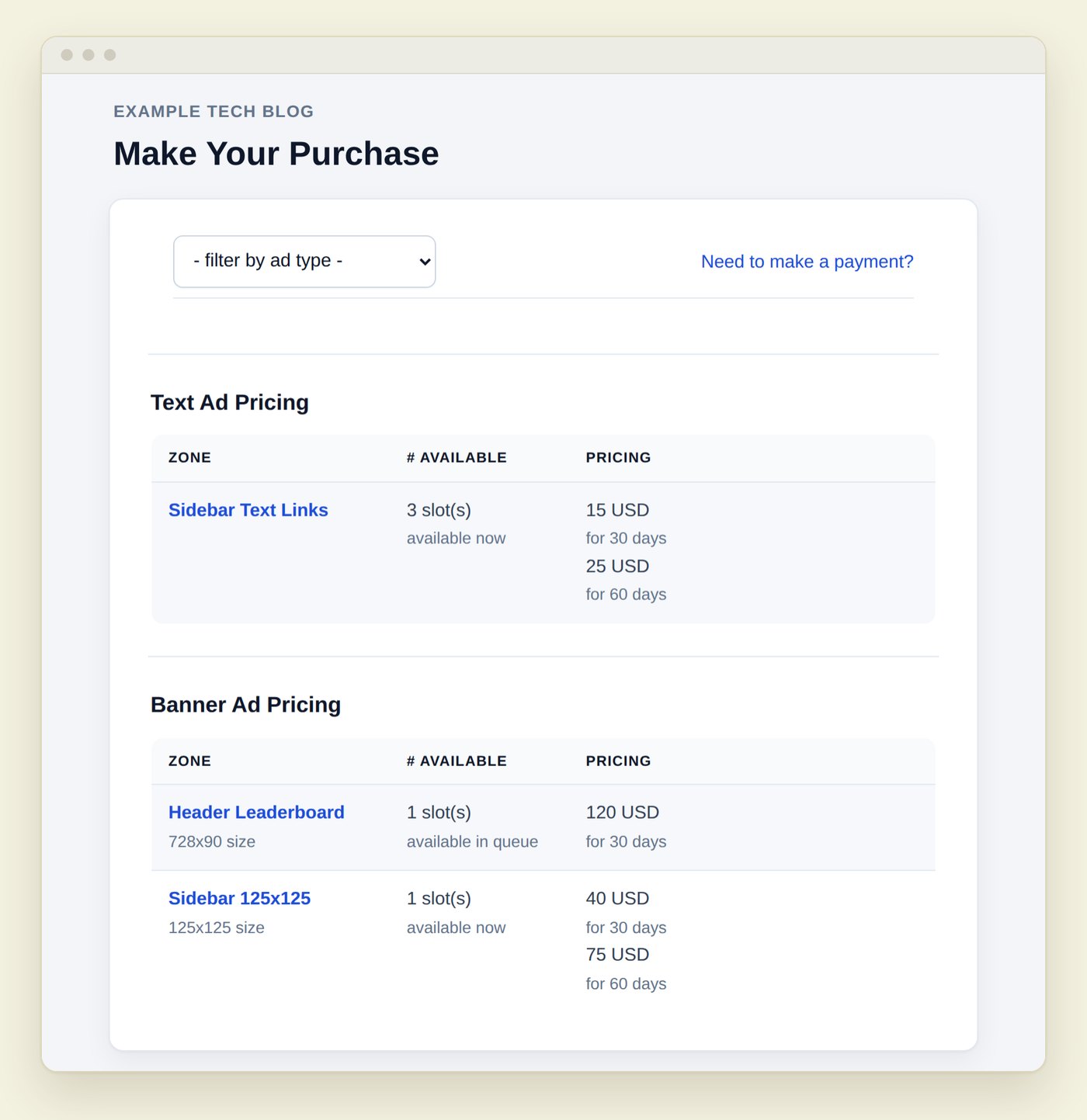 OIO purchase page showing text ad and banner ad pricing